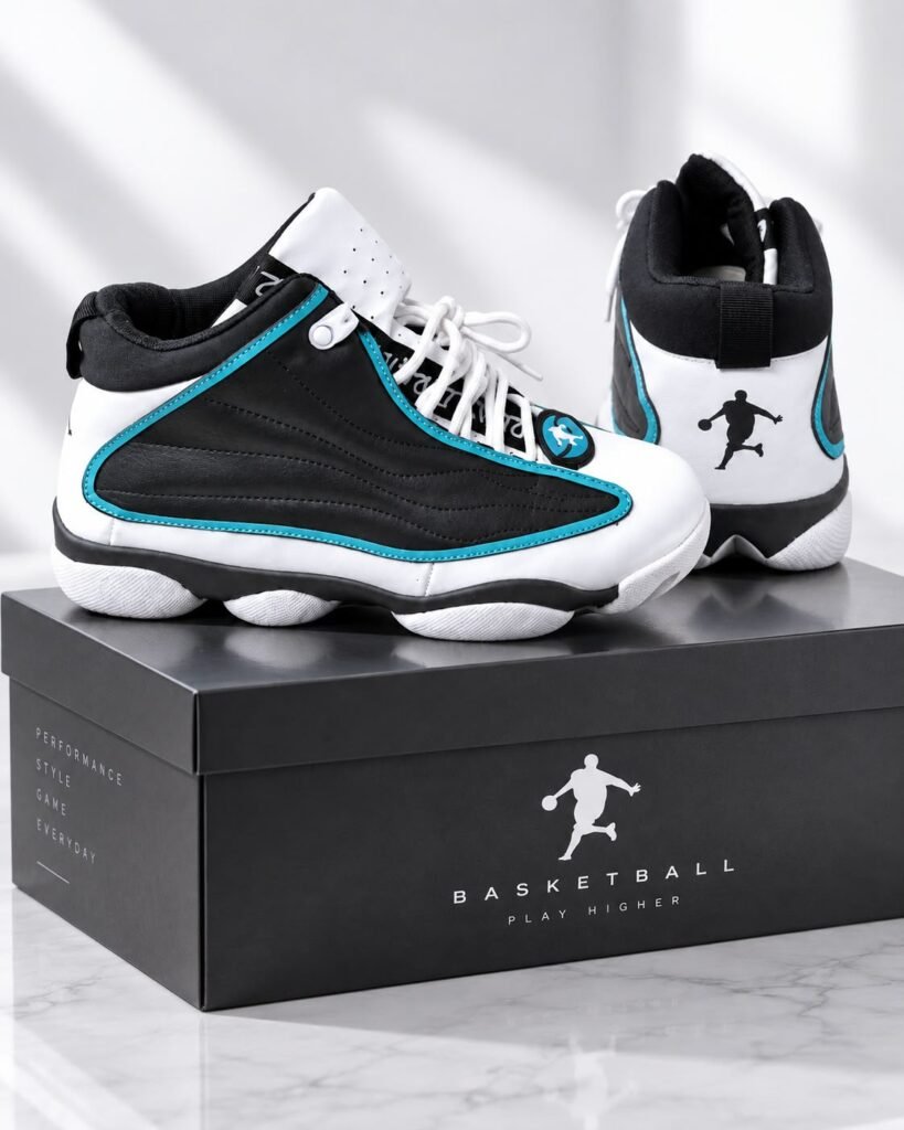 Men’s Premium Basketball Sneakers – Black, White & Turquoise Athletic Shoes